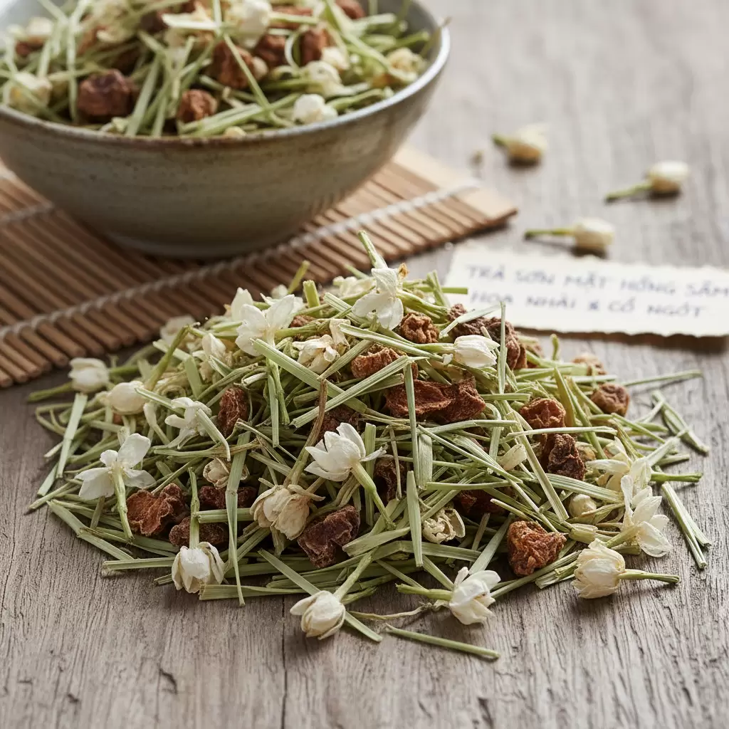 Các thành phần thảo mộc tự nhiên trong trà sơn mật hồng sâm giúp thanh lọc cơ thể