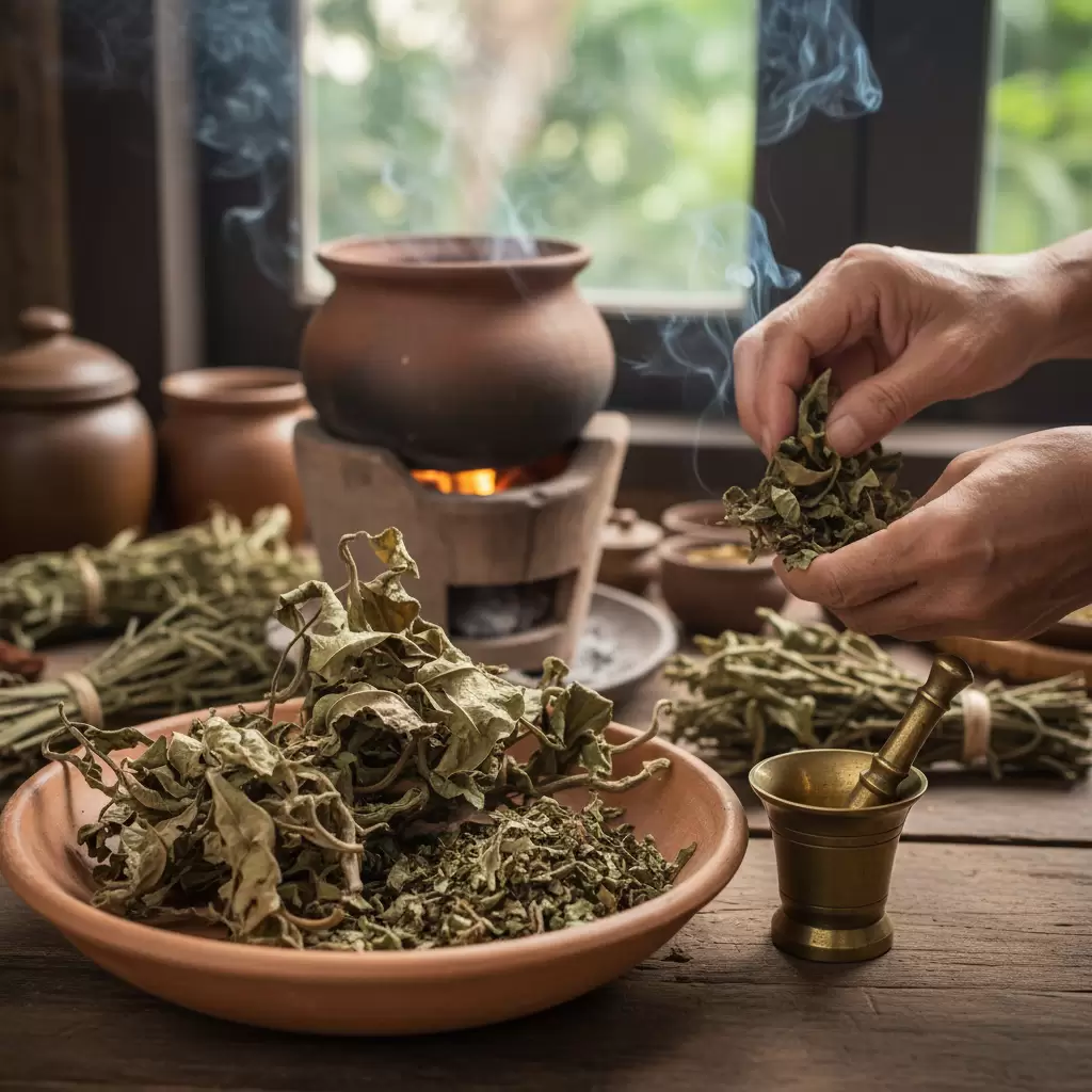 Lá hen cần được làm sạch lớp lông trắng trước khi sử dụng để đảm bảo an toàn